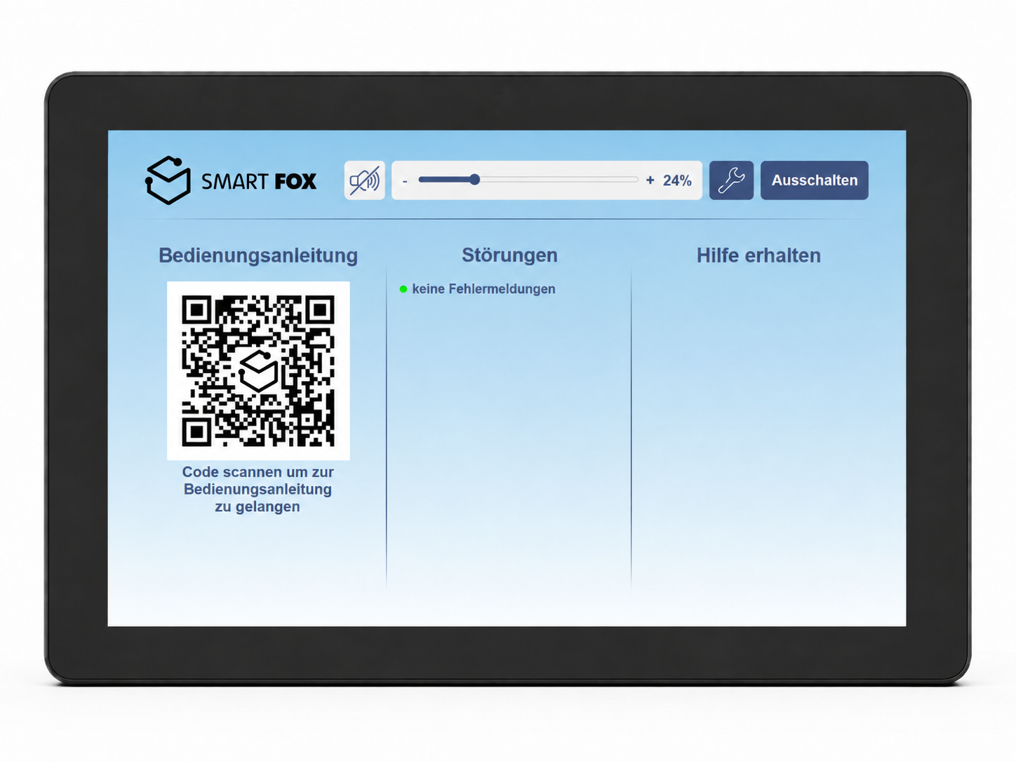 SmartFox Hilfe-Bildschirm: Bedienungsanleitung per QR-Code, Störungsstatus und Hilfe erhalten