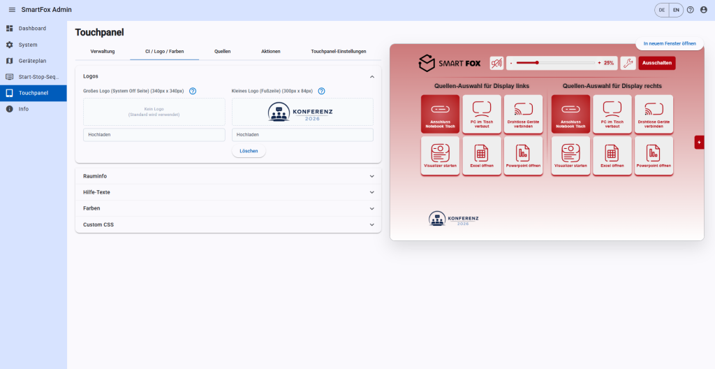 SmartFox Touchpanel mit eigenem Schul-Logo und individuellen Farben im Admin-Bereich konfiguriert