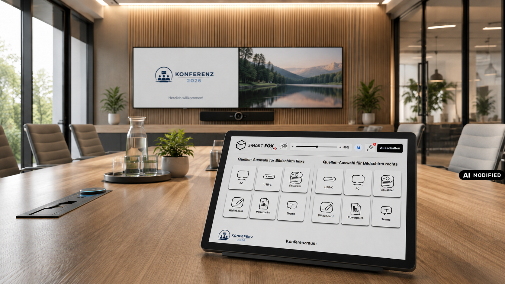 Testbild / Mockup: SmartFox Touchpanel im Konferenzraum – Beispielansicht